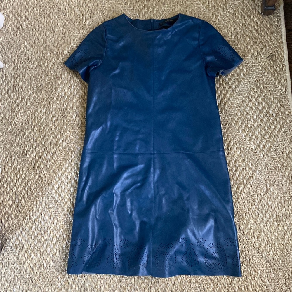 Teal Lazer Cut Faux Leather Shift Dress